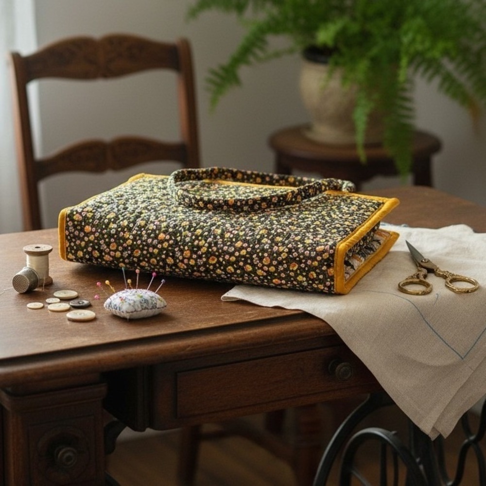 Vintage Sewing Huswif Hussif Quilted Organizer Bag Brown Orange Floral Calico